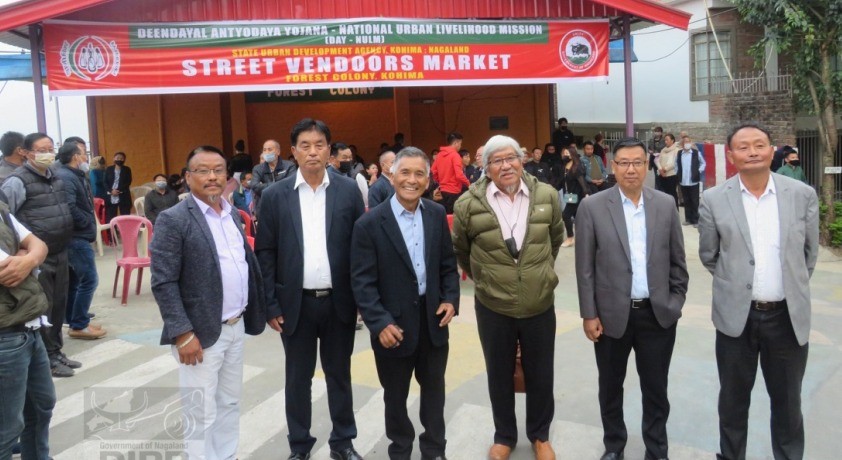 Advisor Dr Nicky Kire and others during the inauguration of the street vendors market cum extension of community hall at Lower Forest Colony, Kohima on March 31. (DIPR Photo)
